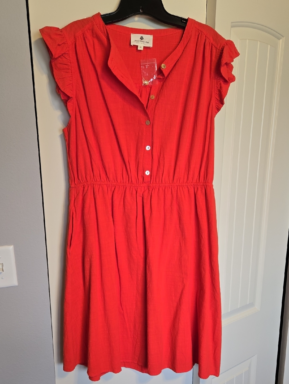 Bright Red Button-Front Mini Dress with Ruffle Sleeves